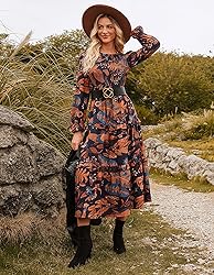 Casual Dresses for Women Fall Floral Smocked Midi