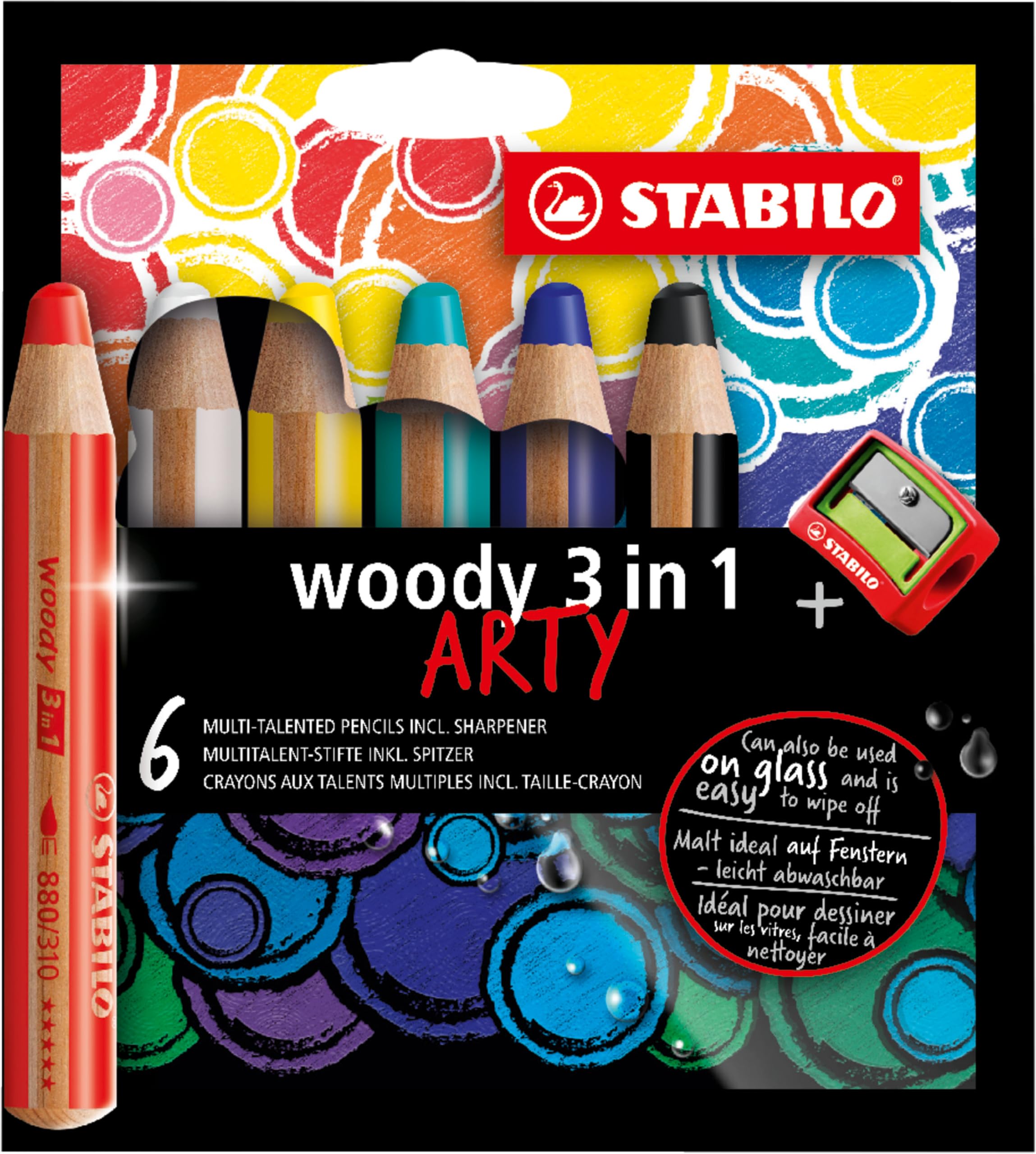 STABILO woody 3-in-1 - Multi-Talented Pencil - ARTY - Pack of 6 - Assorted Colours with Sharpener