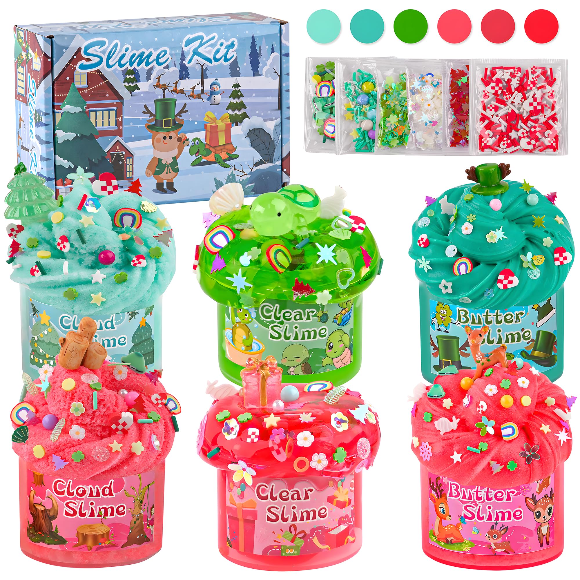 LAWOHO 6 Pack Slime Set in Red and Green - Fluffy Cloud Slime, Butter Slime & Clear Slime, Glow in the Dark Slime Add-Ins, Slime Set for Girls and Boys, Birthday, Halloween, Easter — image 1