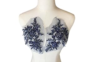 Heyiwell 1 Pair 3D Sequin Beads Flower Embroidery Patches Applique Lace Floral Motif for Wedding Dress Sewing Lace Decor 21x12cm(Navy Blue)