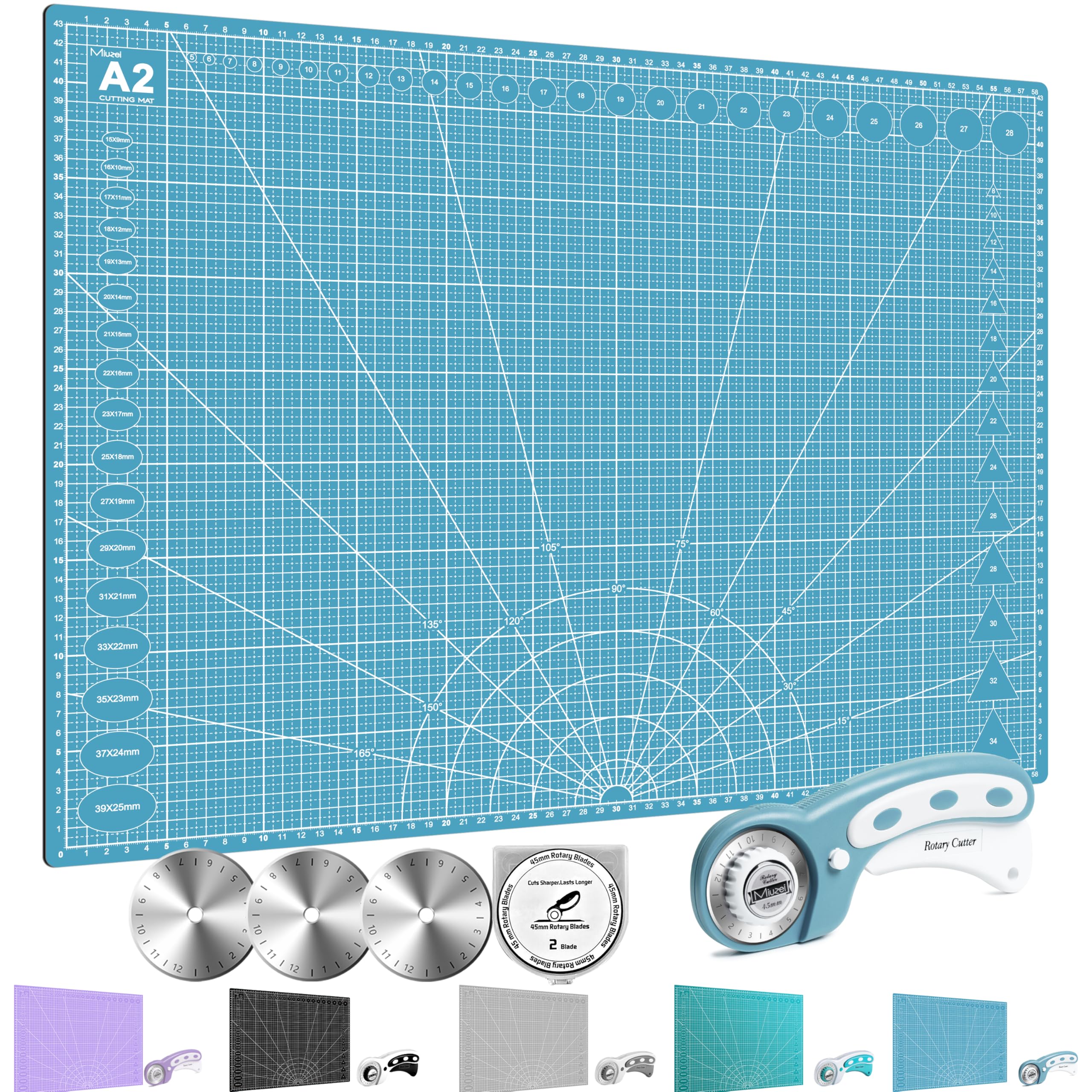 Miuzei Rotary Cutter Set: A2 Cutting Mat, 45mm Fabric Cutter, Self-Healing Craft Mat, Quilting Kit, Suitable for Cutting Fabric, Sewing, Leather and Paper Blue