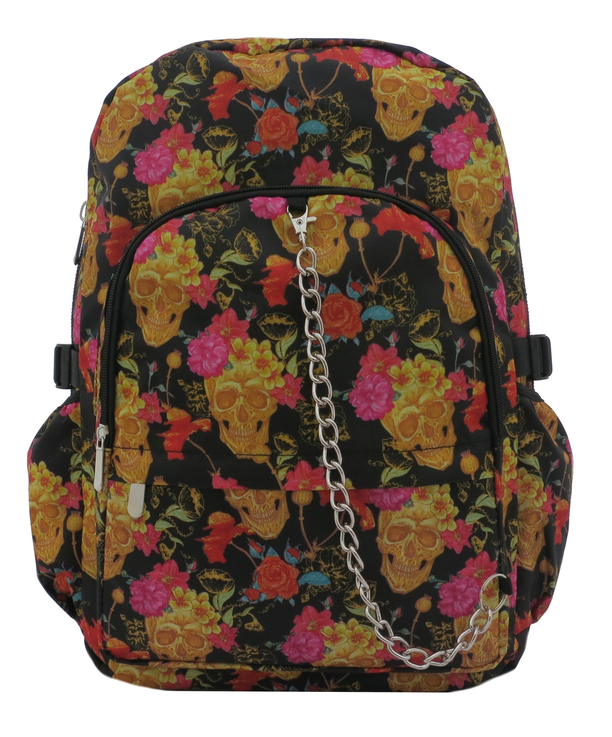 Gold Sugarskull Pink Flower Tattoo Backpack Rucksack | School College Travel Goth Skull Bag