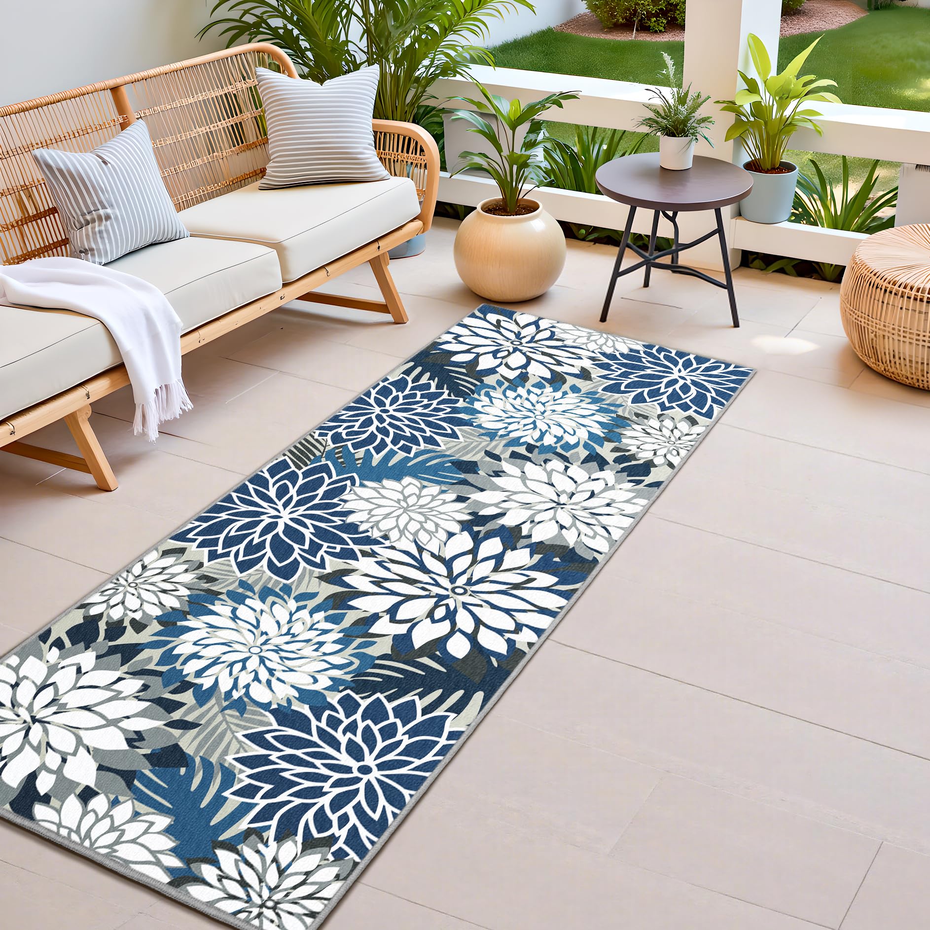 Photo 1 of Area Rug 2x6 Blue White Washable Rug Tropical Botanical Modern Floral Outdoor Carpet Non Slip for Patio, Deck, Backyard, Porch