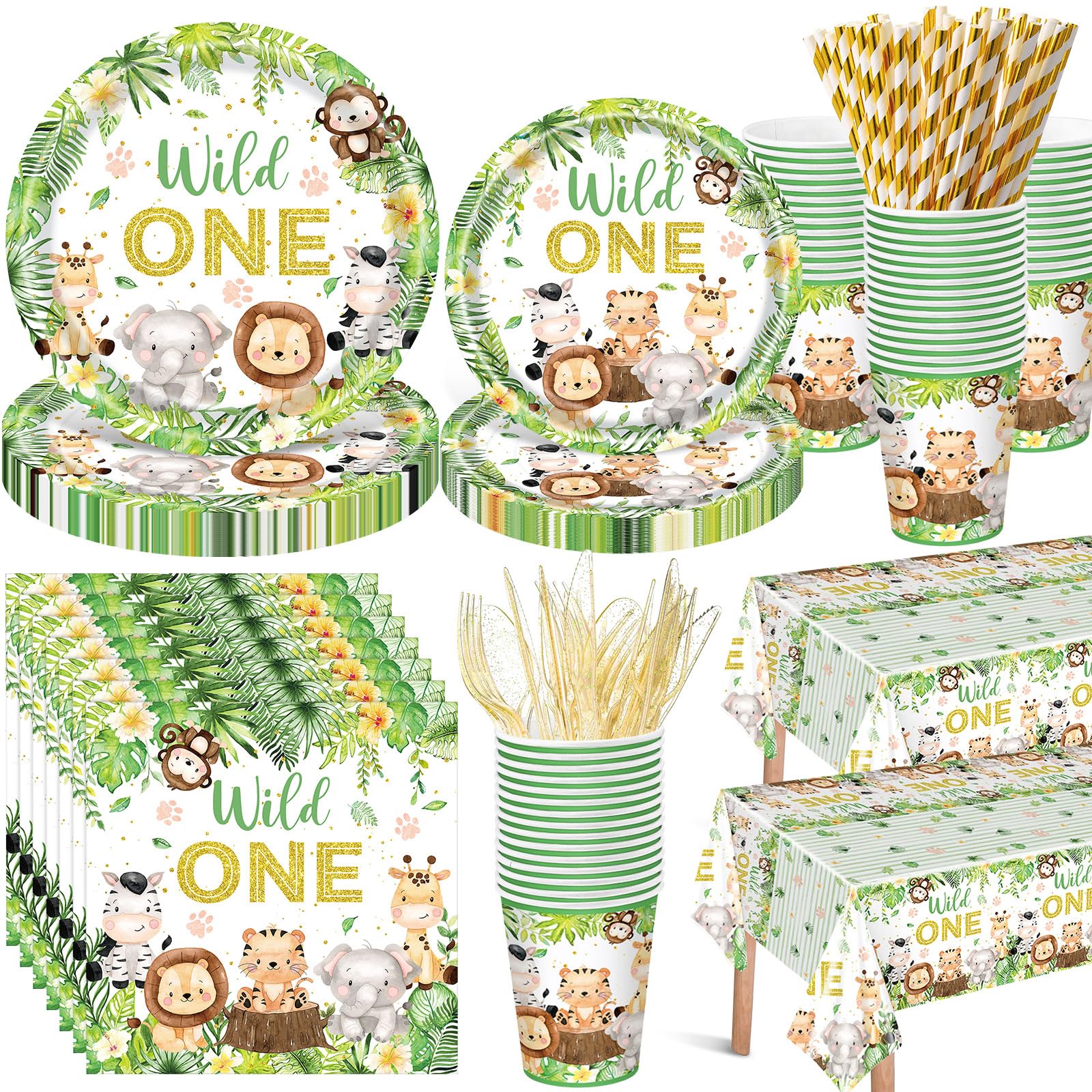 Photo 1 of Funnymoom 452 Pcs Wild One Birthday Party Decorations for 50, Safari Jungle Wild One Paper Plates Napkins Cups Tablecloth Cutlery Straws for Boys Kids Woodland Themed First Birthday Party Supplies