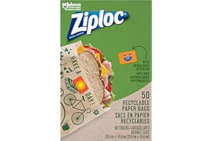 Ziploc Recyclable Paper Sandwich Bags, Fold-Top Lunch Bags with Resealable Stickers & Fun Designs, 50 Bags