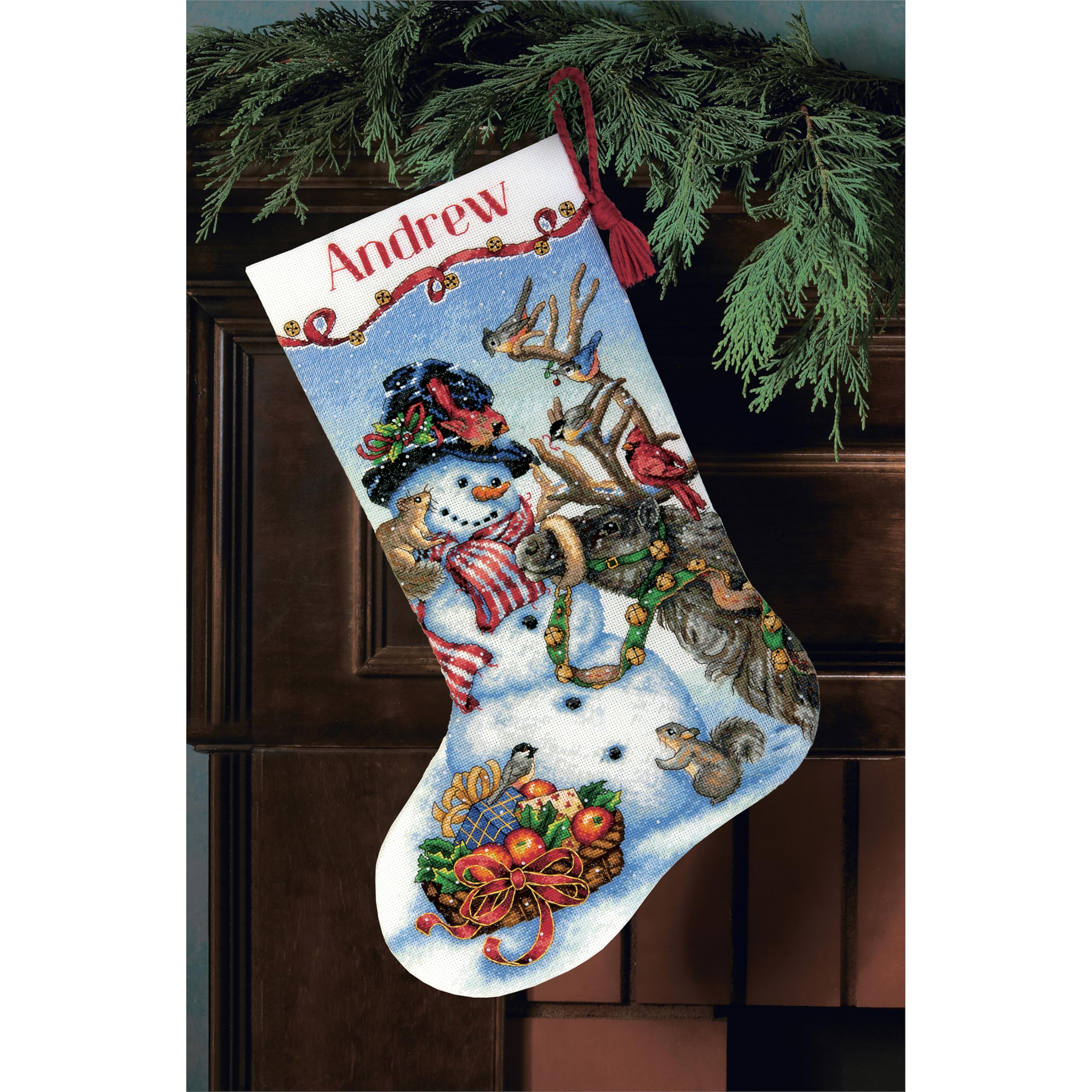 Dimensions Gold Collection Counted Cross Stitch 'Snowman Gathering' Personalized Christmas Stocking Kit, White Aida, 16