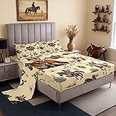 Western Cowboys Horses Bed Sheet Set,Retro Farmhouse Style Tropical Cactus Plants Fitted Sheet Set Queen 4 Pcs,Hand Draw Mountain Sun Sheet Set Includes Fitted Sheet + Flat Sheet + 2 Pillow Cases