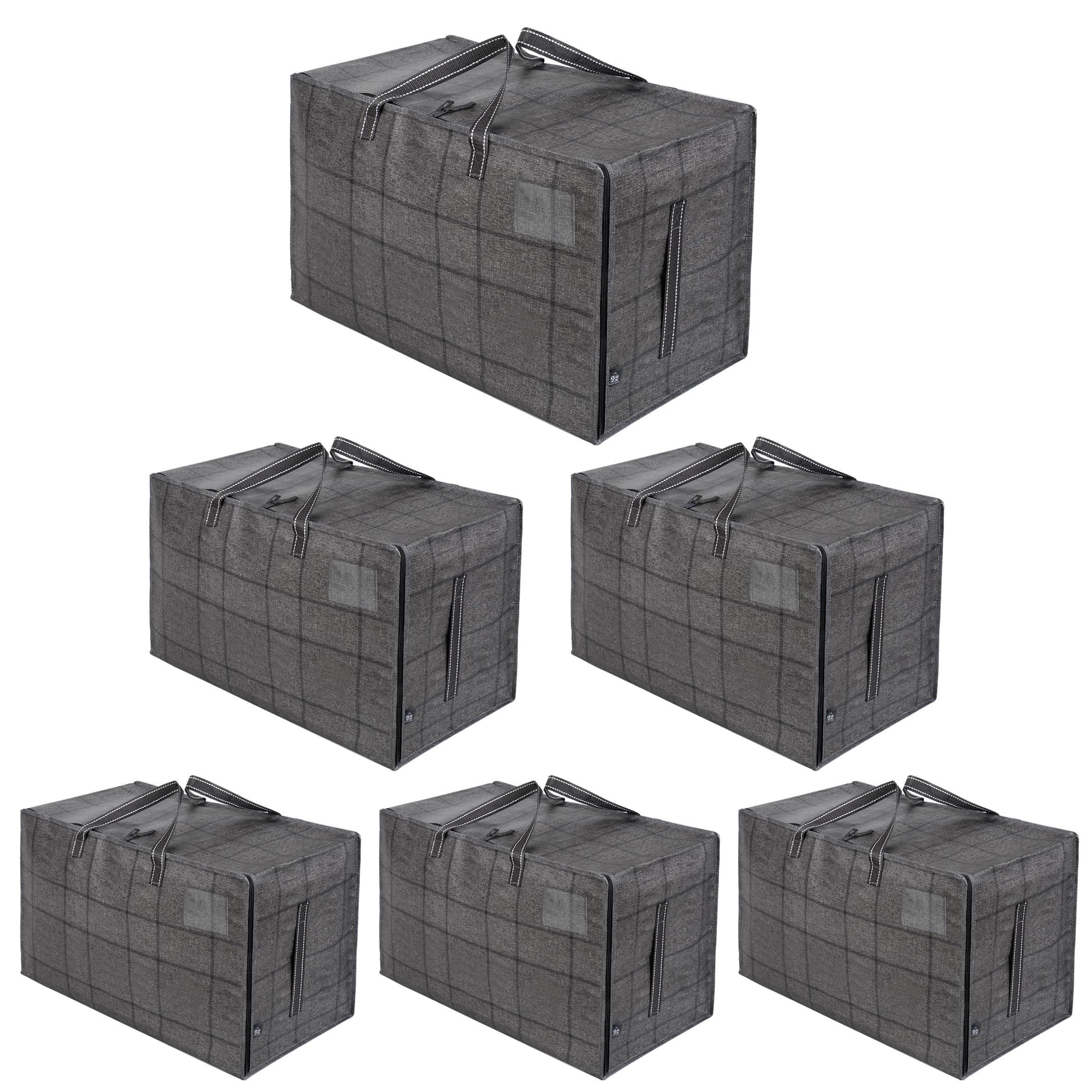 VENO 6 Pack Heavy-Duty Oversize Large Storage Bag Organizer with Zips and Tag Pocket for Moving, Clothes Storage, Laundry Bag, House Essentials, Sustainable, Water-Resistant (Windowpane, 6 Pack)