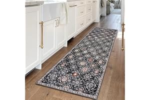 KILOCOCO 2x6 Runner Rug, Moroccan Washable Hallway Entryway Runner Rug, Accent Print Faux Wool Kitchen Runner Rug 6 Feet Non-Slip Boho Rug Runners for Laundry Room Bedroom, Charcoal/Multi