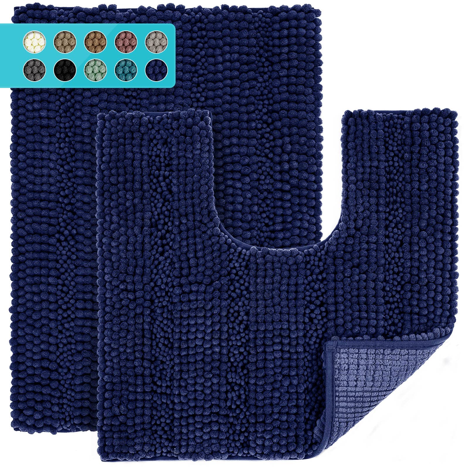 JARITTO Bath Mat Set 2 Pieces Non Slip Bathroom Mat for Shower Bathtub & Pedestal Mat for Toilet Curved U Shape Rug Machine Washable Absorbent Microfiber - 43X61cm + 51x51cm (Dark Blue)