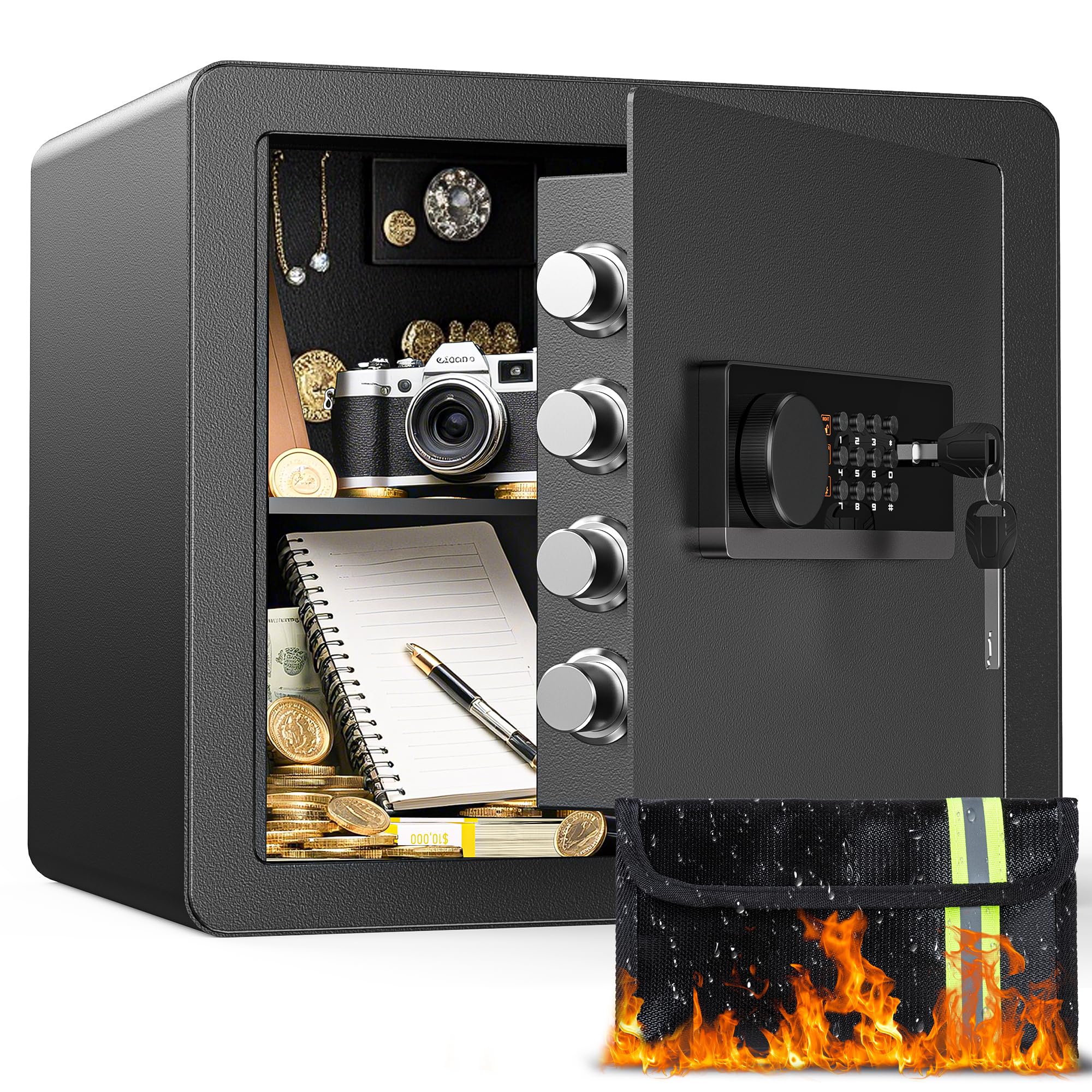 Photo 1 of 1.4 Cubic Feet Safe Box with Fireproof Waterproof Bag, Anti-theft Home Safe for Money Cash Documents Valuables, Digital Security Box with Alarm System, Electronic Keypad, Removable Shelf