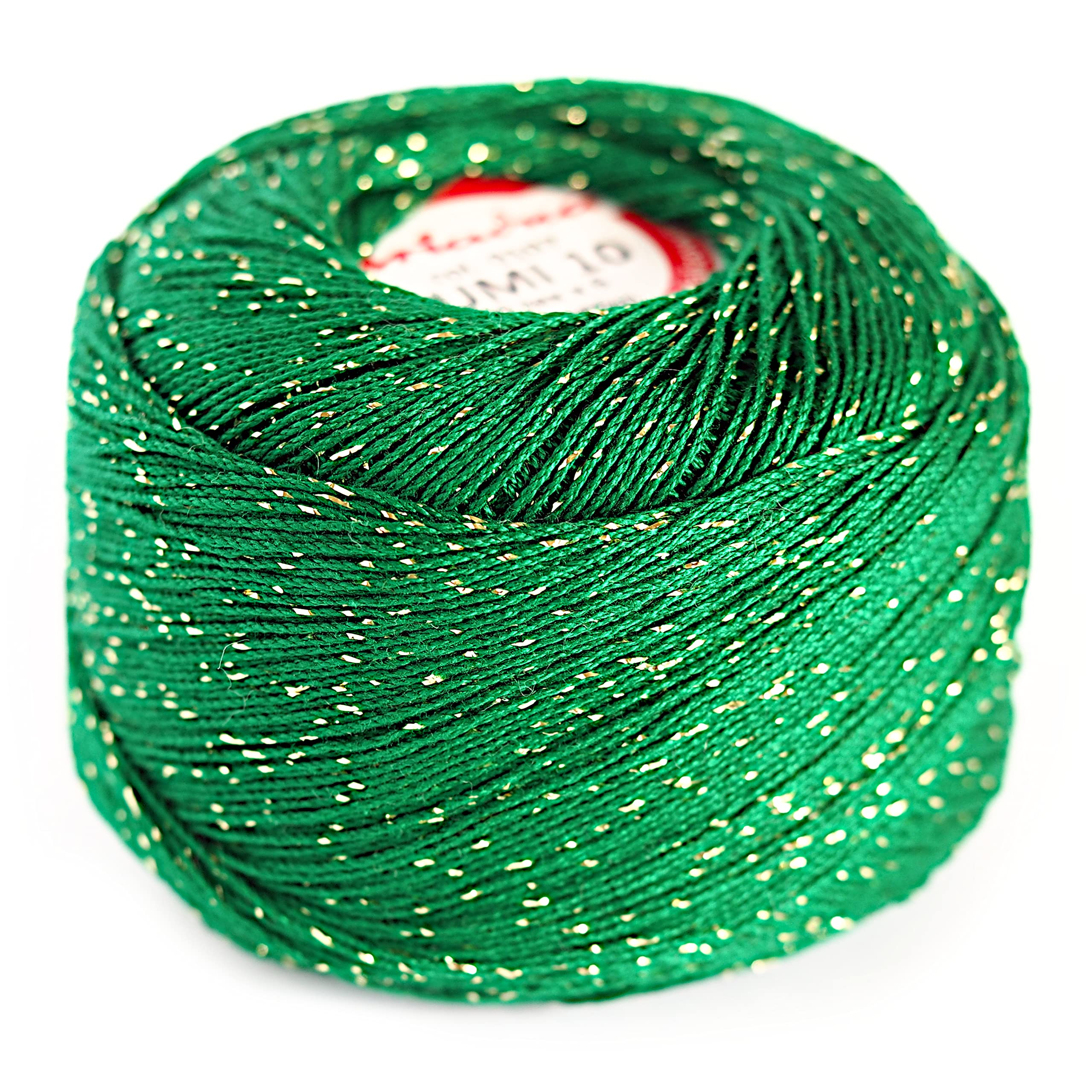 Crochet Cotton with Metallic Thread Size 10 Ball Yarn Spool Thread 50g LUMI (Green/Gold 107)