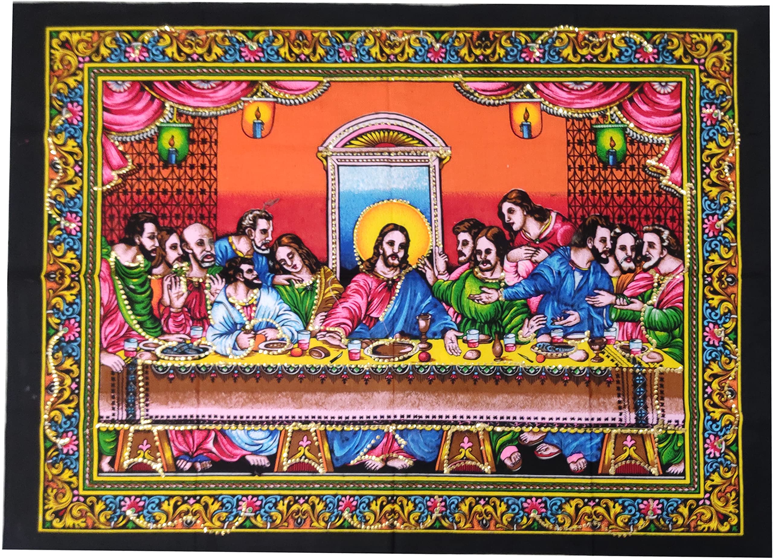 Purpledip Cotton Wall Poster Jesus Christ Last Supper: Spiritual Hanging Unframed Sheet, Multicolor (20094)
