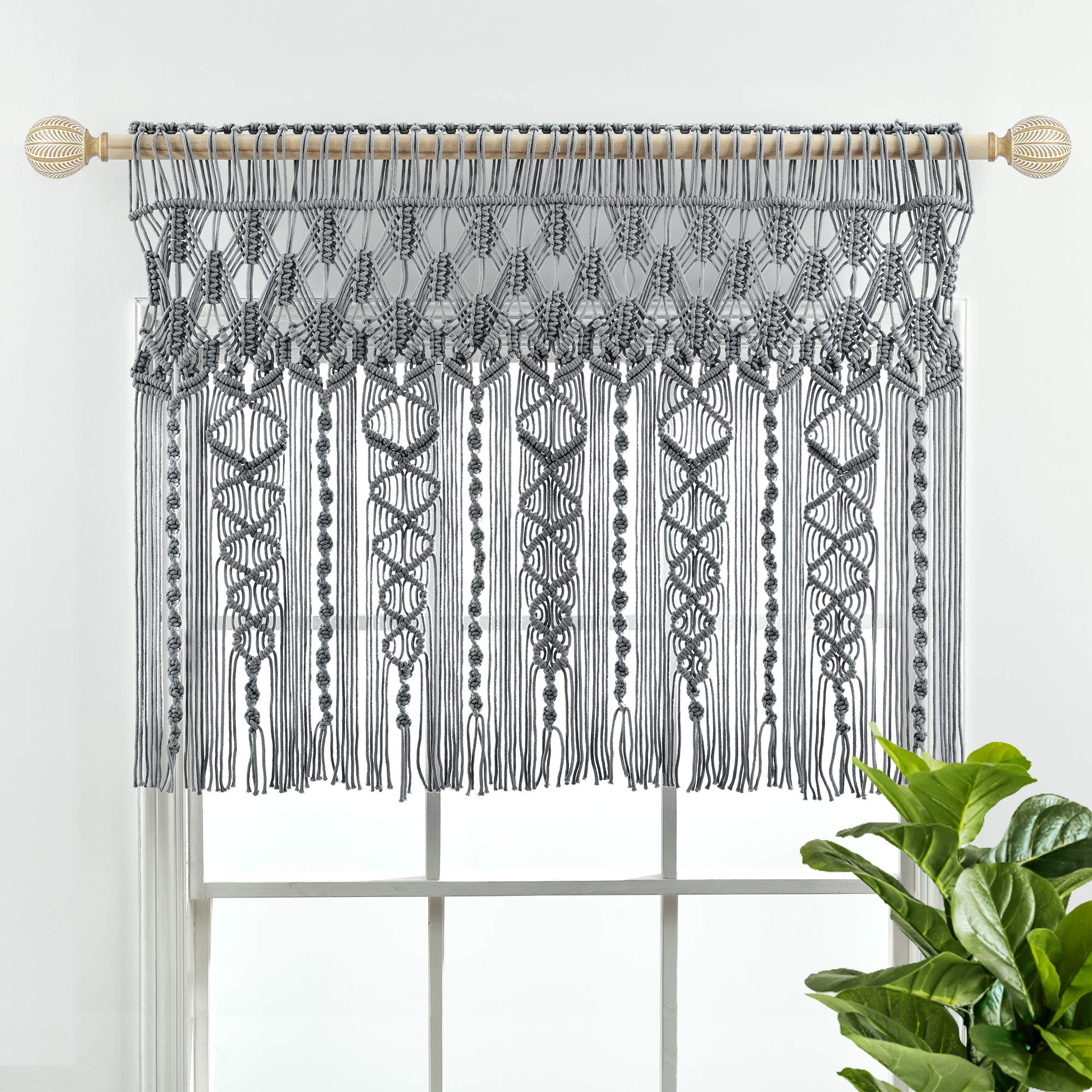 Lush Decor Boho Macrame Textured Cotton Valance/Kitchen Curtain/Wall Decor, 30" L x 40" W, Gray