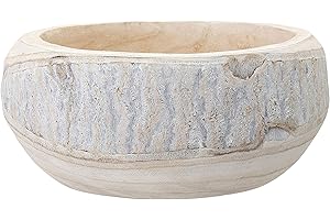 Bloomingville Decorative Hand-Carved Paulownia Wood Bowl, Whitewashed, 10.5 in Diameter, 4.25 in Tall