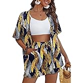 REDHOTYPE Women's 2 Piece Outfits Kimono Style Tropical Print Cover Ups Half Sleeve Blouse Shorts Set Summer Beachwear (S-XL)