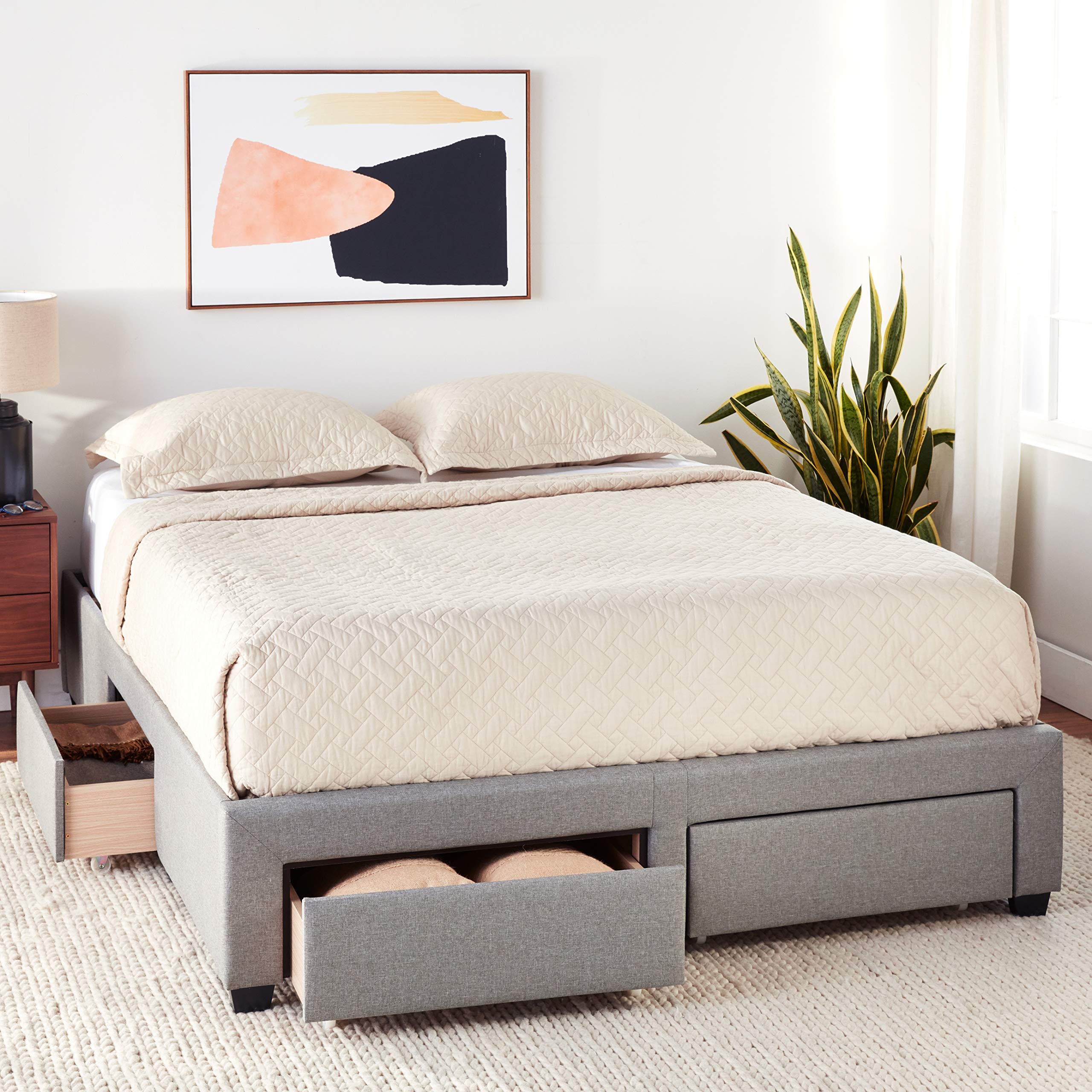 DG Casa Cosmo Upholstered Platform Bed Frame Base with Storage Drawers, Queen Size in Grey Linen Style Fabric