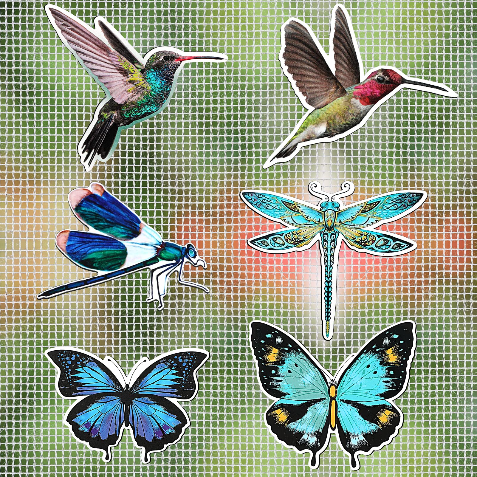 MWOOT 12 Pieces Screen Door Decals,Hummingbirds Butterflies Dragonflies Double-Sided Decorative Magnetic Screen Sticker,Screen Door Magnets Protector for Children Pets (6 Styles)