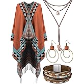 5 Pcs Indian Native American Clothing Western Jewelry Set for Women Open Front Cape Bohemian Layered Leather Necklace Bracelet Dangle Earrings Costume Accessories
