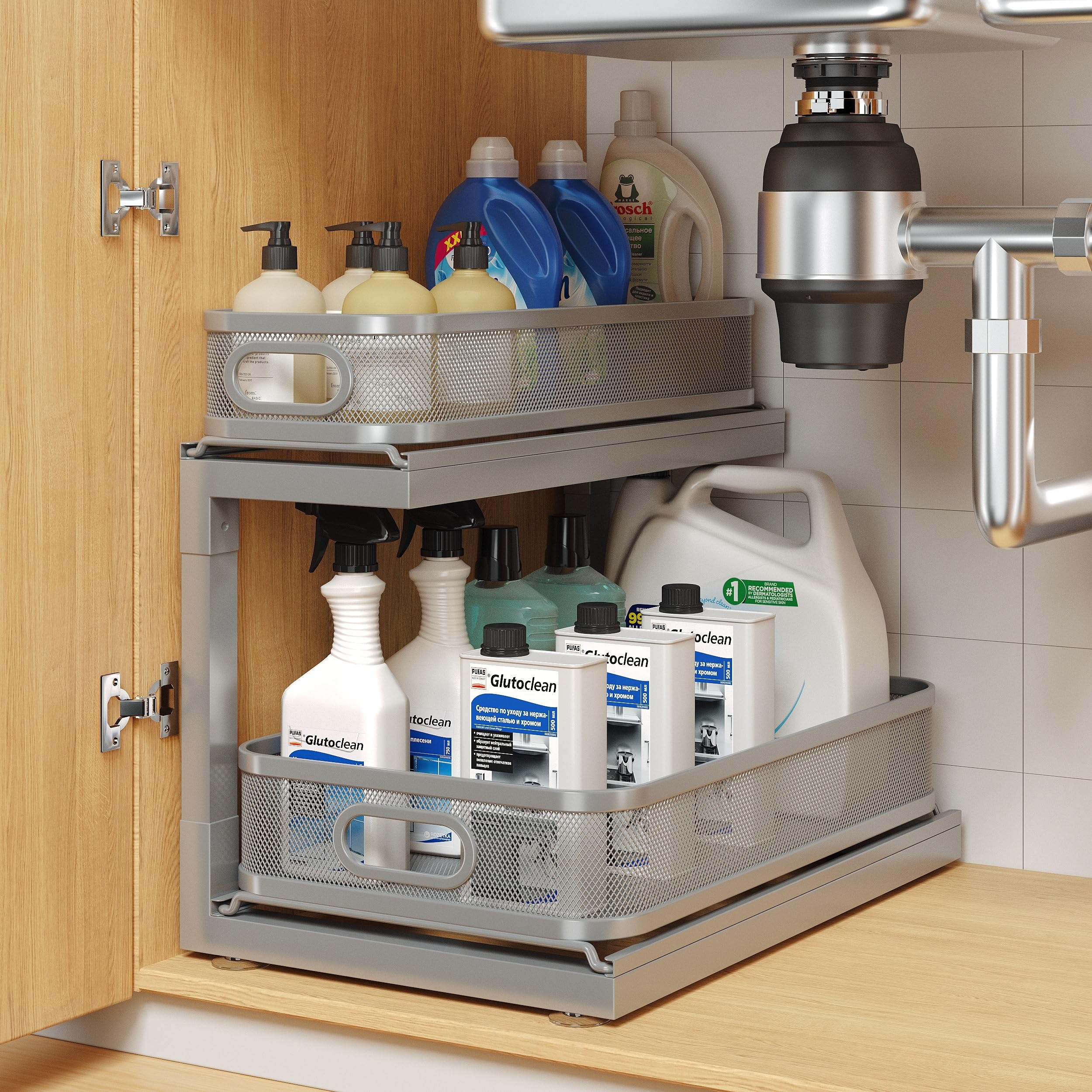 Photo 1 of 1-Pack Under Sink Storage Organizer with 2-Tier Slide Out Drawer, Sophisticated Mesh Pull Out Shelf for Kitchen & Bathroom, Fits Small Items, Upgraded Arched Track for Smooth Gliding-Gun Gray