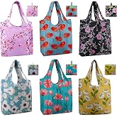 BeeGreen Flower Reusable Shopping Bags Cute Grocery Bag 6 Pack, Christmas Gift Bags Heavy-Duty Foldable Shopping Totes for Supermarket, Work &amp; Travel, Large Washable Polyester Tote Bag with Handles