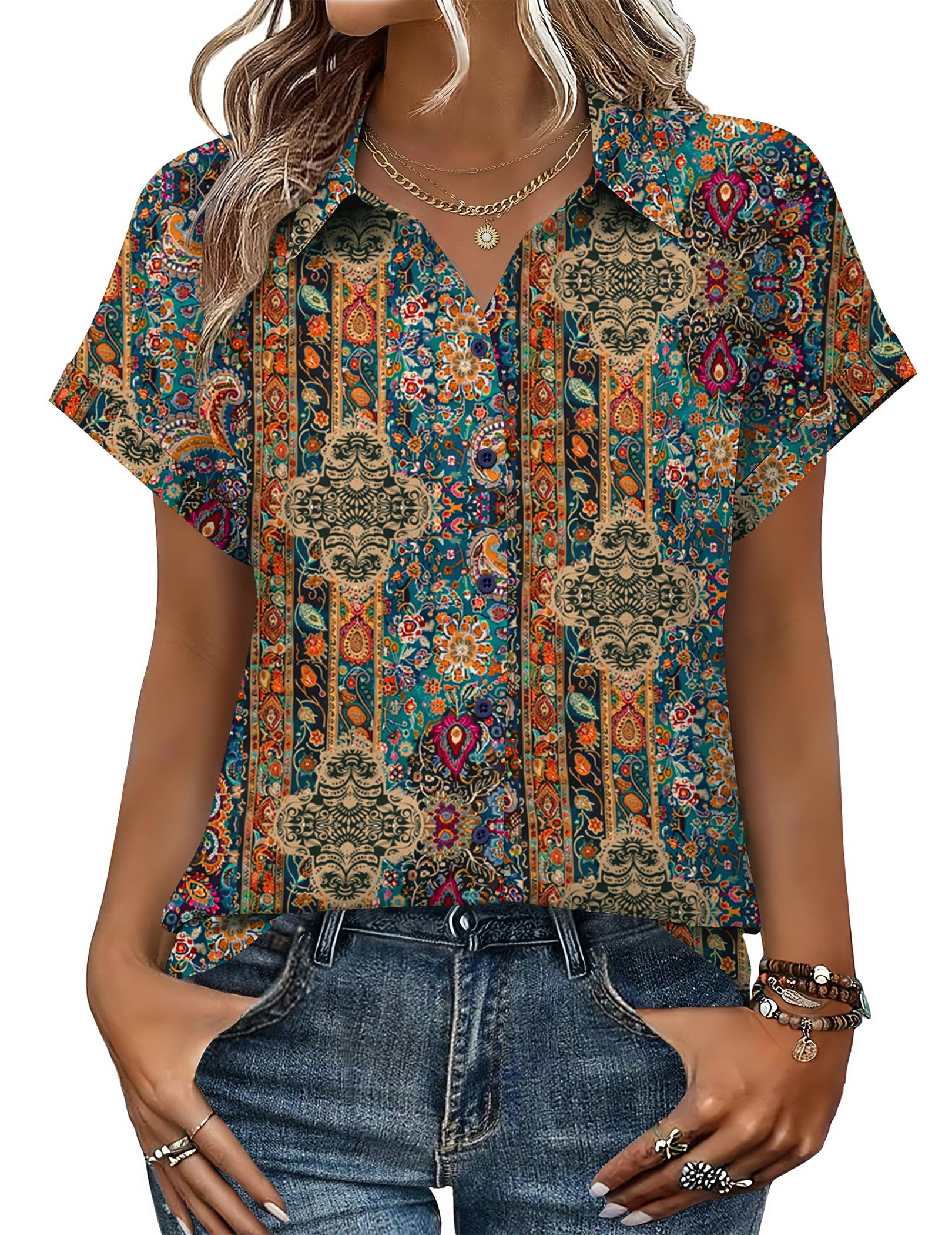 Photo 1 of ******LONG SLEEVE*****Zeagoo Womens Tops Short Sleeve Shirts Patterned Button Down Blouse Vneck Boho Outfits Summer Outfits (Size M)