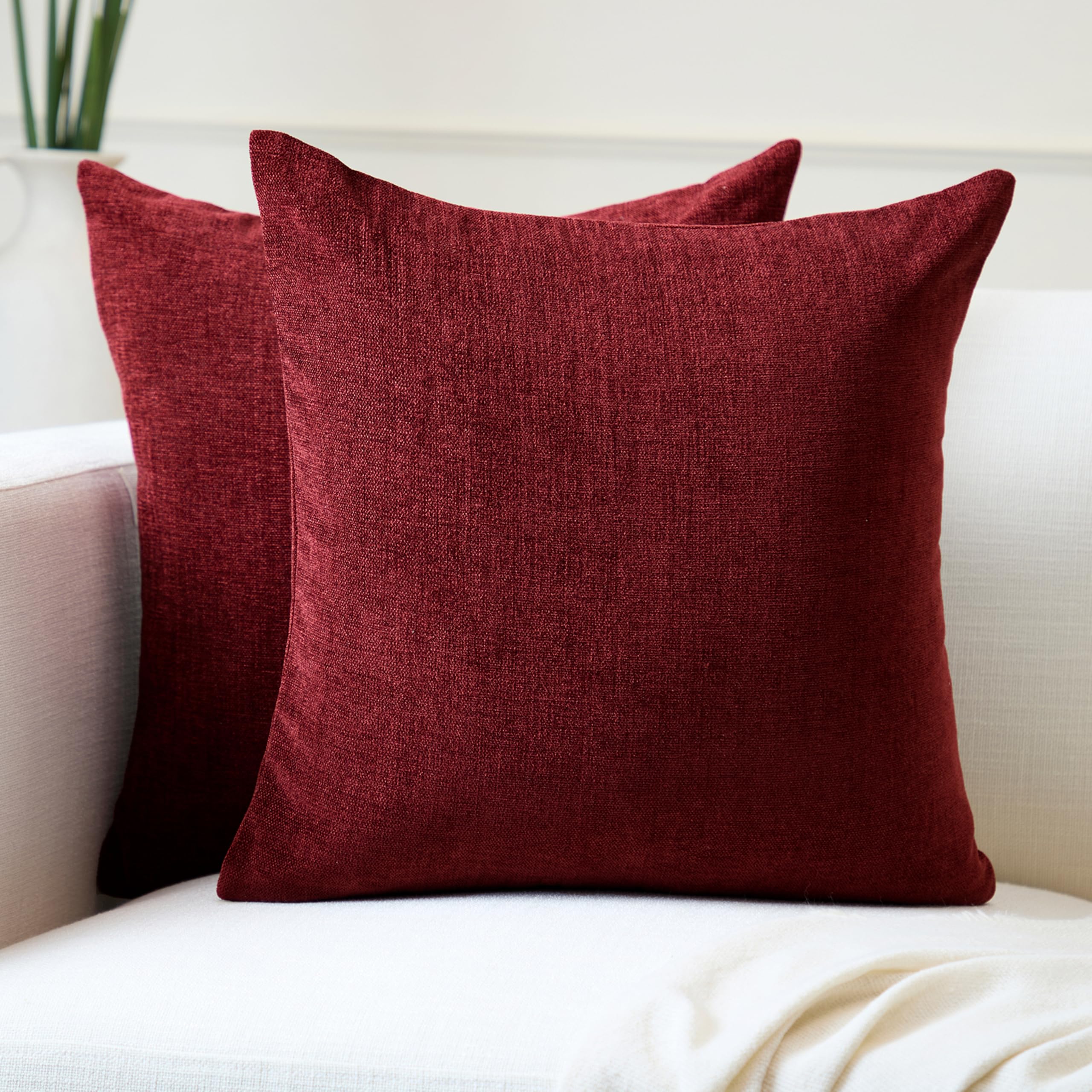 Encasa XO Chenille Cushion Covers Set of 2 | Maroon - (24"x24") (60x60 cm) | Decorative Accent Square Throw Pillow Cases For Couch, Home Decor, Sofa