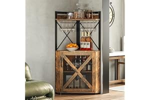 Buytime Corner Bar Cabinet with Storage, Wine Cabinet with Glass Holder, Metal Mesh Door & Adjustable Shelf, Liquor Cabinet Bar for Home, Corner Wine Rack for Living Room, Dining Room, Kitchen, Brown