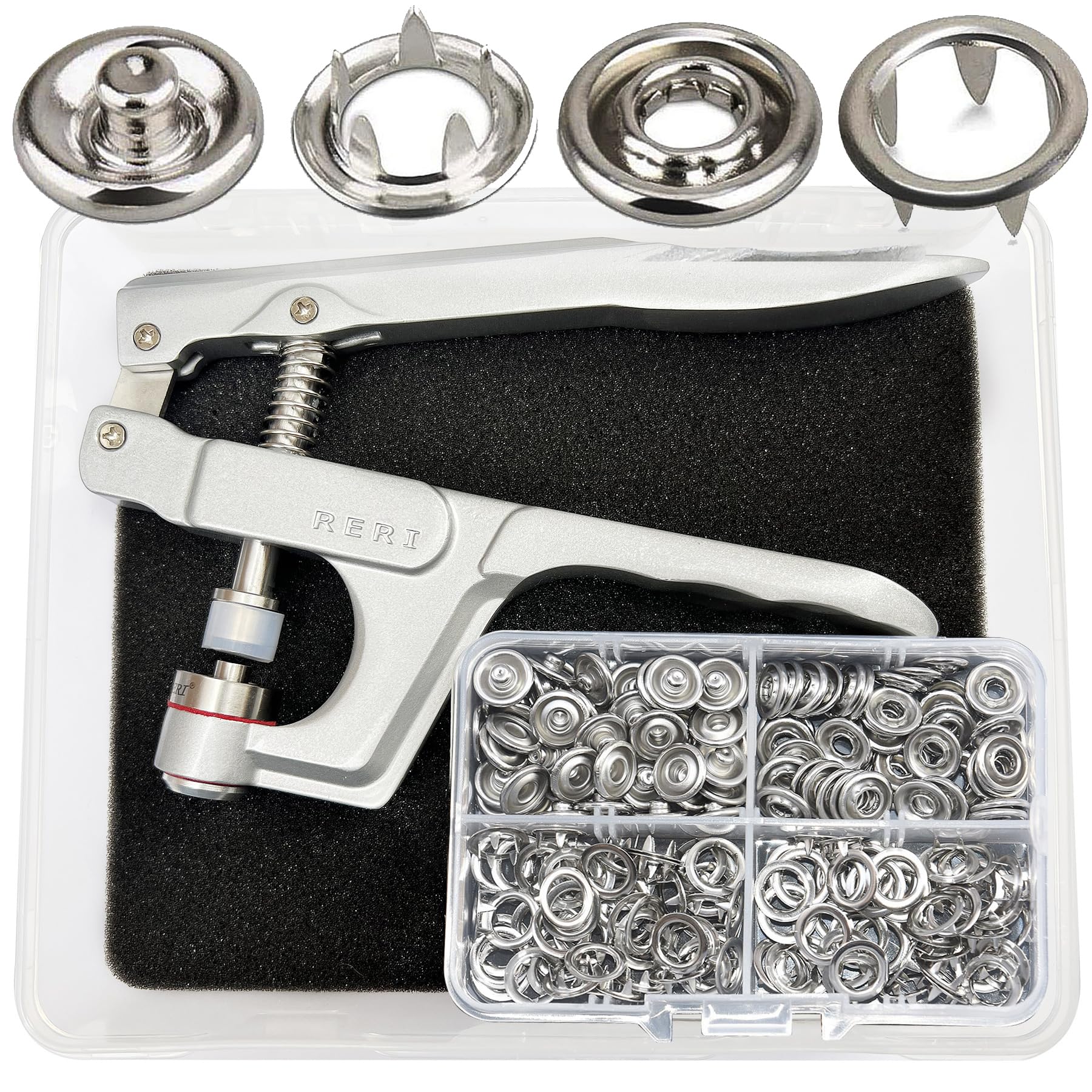 RERI Metal Button Stud Set, 80 Pieces 9.5mm Diameter Silver Snaps with Pliers, Sewing Accessories for Fabric, Clothing, Bags