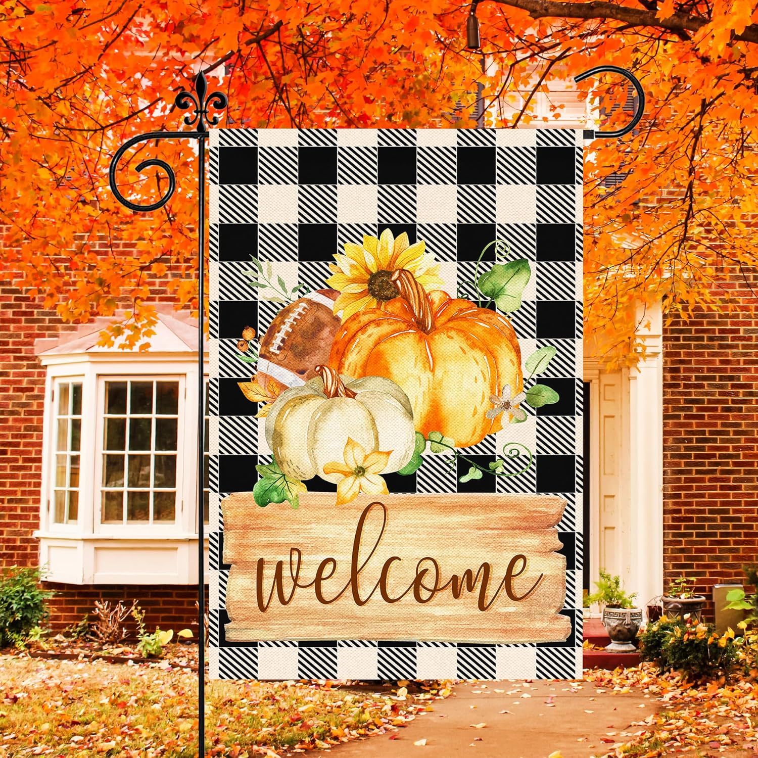 Flags - Fall Garden Flag, Welcome Fall Garden Flags 12x18 Double Sided, Autumn Pumpkin Soccer with Black White Stripe Burlap Vertical Small Fall Flag Seasonal Yard Signs for Outside Thanksgiving Décor