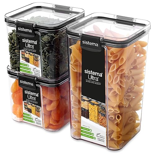 Sistema Ultra Tritan Airtight Pantry & Kitchen Storage Containers | 3 Square Plastic Food Containers with Lids (1x 1.3L + 2x 700ml) | Stackable | with Locking Clips | BPA-Free