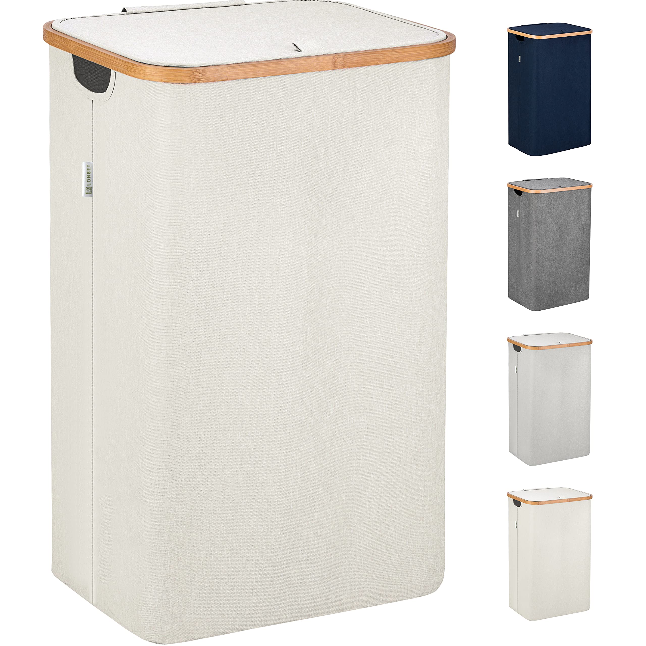 LONBET 100L Laundry Basket with Lid and Sturdy Bamboo Frame - Aesthetic Laundry Hamper with Side Handles and Made from Breathable Fabric - Laundry Bin with Removable Bag, Clothes Basket Beige