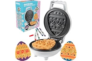 WAFFLE WOW! Mini Easter Egg Waffle Maker- Make Holiday Special w Cute Waffler Iron- Ready to Decorate Set Includes 4 Edible Food Markers w Recipe Guide - Fun Easter Basket Stuffer, Egg Hunt Surprise Gift for Kids