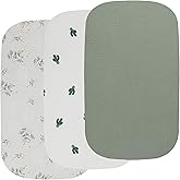 Onacosht Muslin Bassinet Sheets 3 Pack, 100% Cotton Baby Sheet 35" X 20" Compatiable with AMKE 3 in 1 Bassinets, MiClassic, Uiuwoo, Foalom, YADAQE, Milliard and TCBunny Bassinet, Green Floral Cactus