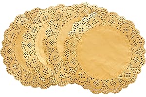 Amkoskr 8.5 Inch 100 Pcs Round Lace Gold Paper Doilies Gold Foil Paper Placemats Doily Paper Pad for Cakes Crafts Party Weddings Tableware Decor