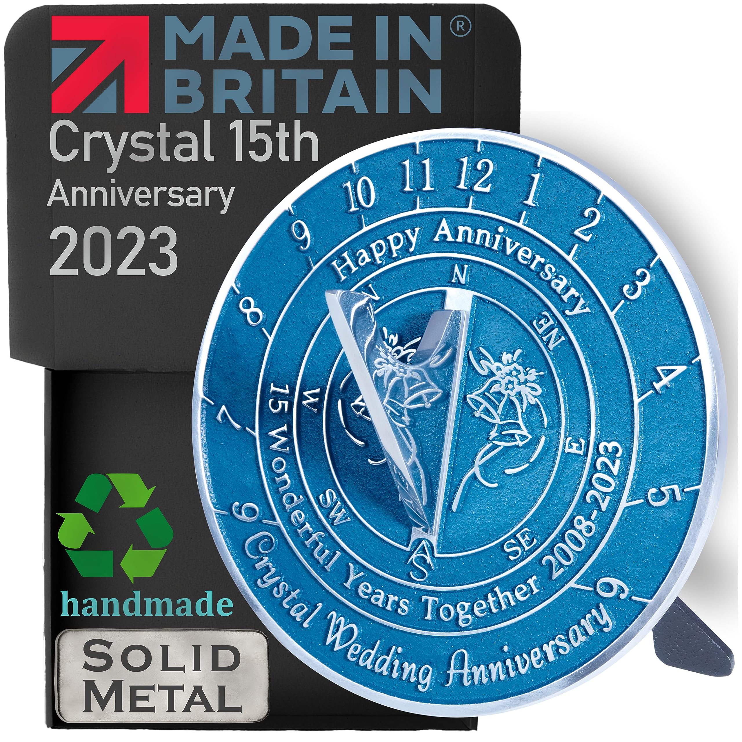 Anniversary Sundial Gift For 15th Crystal Wedding Anniversary 2008-2023. Recycled Metal Home Decor Garden 15 Year Present Idea Handmade In UK For Parents, Grandparents, Friends Or Couples