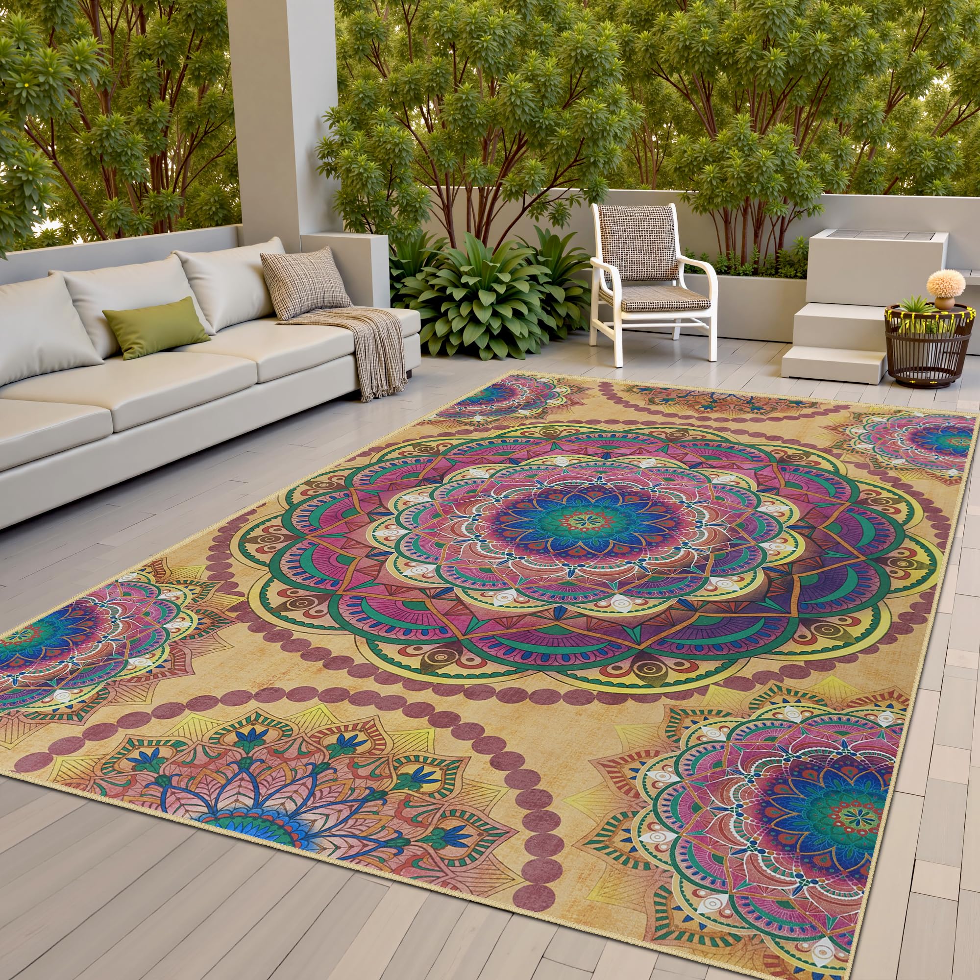 Photo 1 of Arenarug Meditation Indoor Outdoor Rug 8x10 ft Mandala Pattern Rug Boho Style,Yoga Meditation Mat Picnic Rug for Patio Living Room Porch Garden Deck Backyard Easy to Clean Non Shedding Non-Slip