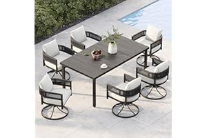 Grand patio Outdoor Dining Set for 6, 7 PCS Patio Table and Chairs Set, Metal Woven Wicker Swivel Patio Chairs with Thickened Cushions & 1 Rectangular Woodgrain Dining Table with Umbrella Hole (Black)