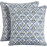 Ridhi Block Print Light Steel Blue Pillow Cover 18" x 18" (Pack of 2) Decorative Couch Pillows for Living Room, Chic Boho Cute Outdoor Pillows Covers Gifts for Spring, Easter and Valentine