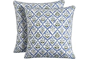 Ridhi Light Steel Blue Block Print Cotton Throw Pillow Covers for Decorative Couch Pillows for Living Room, Chic Boho Cute Outdoor Valentine Pillows Covers Gifts 18x18 Inches
