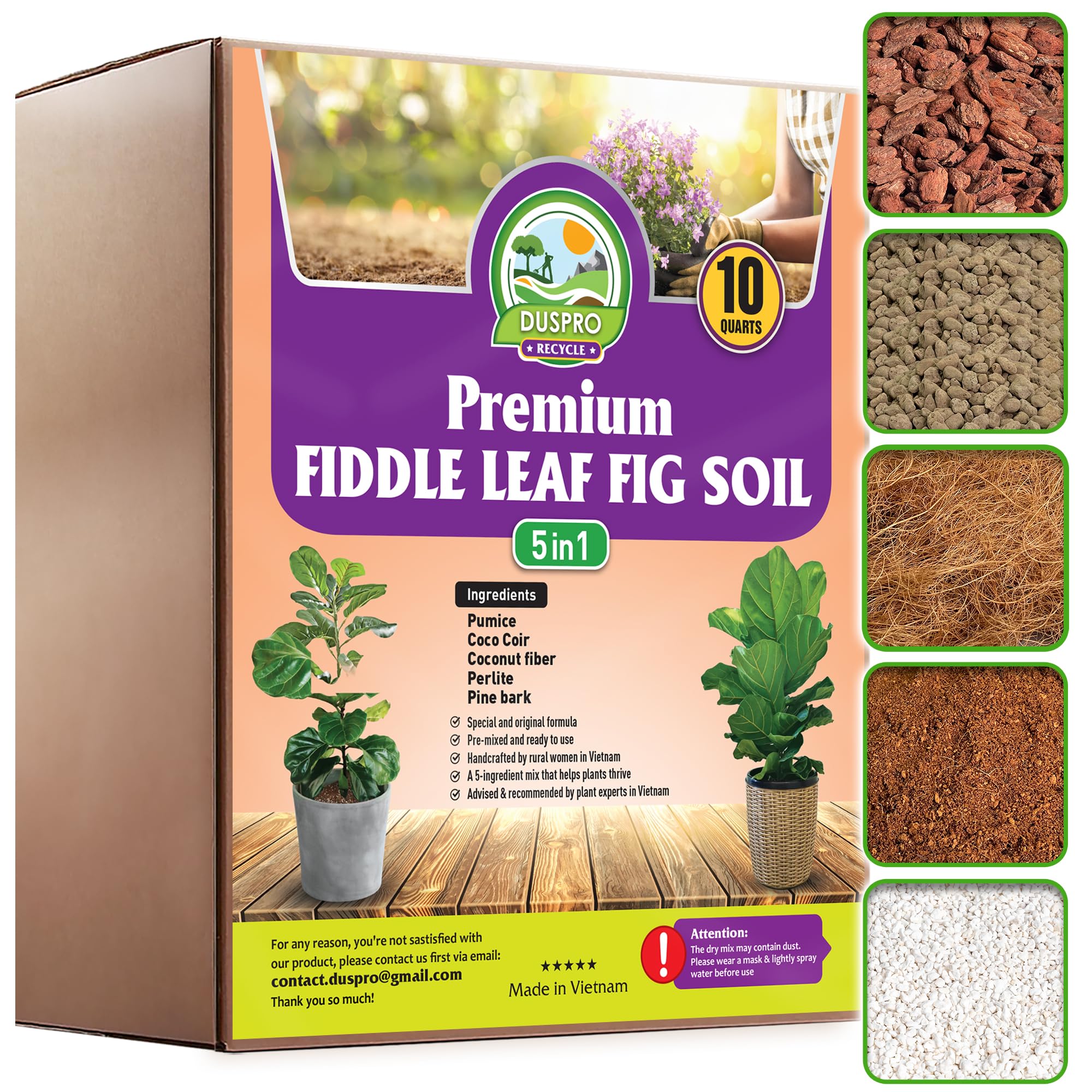 Photo 1 of DUSPRO Recycle Fiddle Leaf Fig Soil Specialized for Fiddle Leaf Fig Plant Indoor 5-in-1 Pre-Mixed with Coco Coir, Coconut Fiber, Perlite, Pumice, Pine Bark Ready-to-Use Handmade Mix Drainage 10 QRT