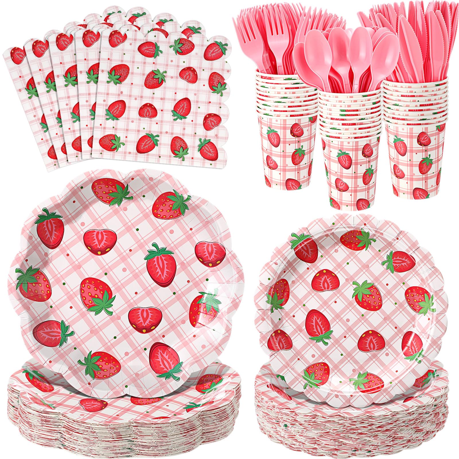 Photo 1 of Ziliny 350 Pcs Berry First Strawberry Party Supplies Tableware Set Disposable 9'' 7'' Paper Plates 9 oz Cups Cutlery Napkins Dinnerware for 1st Birthday, Serve 50(Scalloped Strawberry, Red, Pink)
