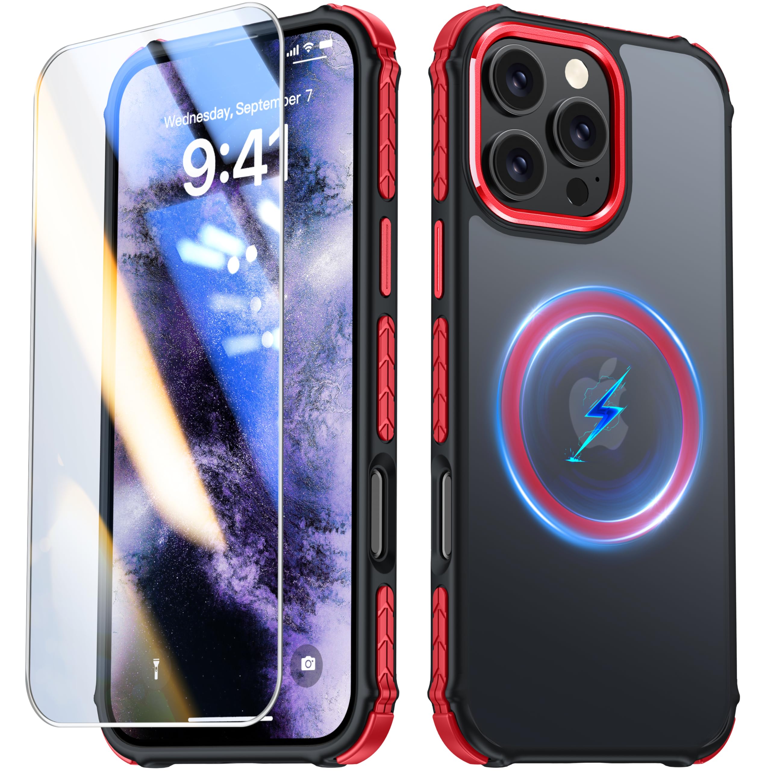 AMILIFECASES Magnetic for iPhone 16 Pro Max Case, [1X 9H Screen Protector] [Anti-Fingerprint] [Anti-Scratch], Translucent Matte Back Slim Shockproof Case for iPhone 16 Pro Max 6.9inches - Red