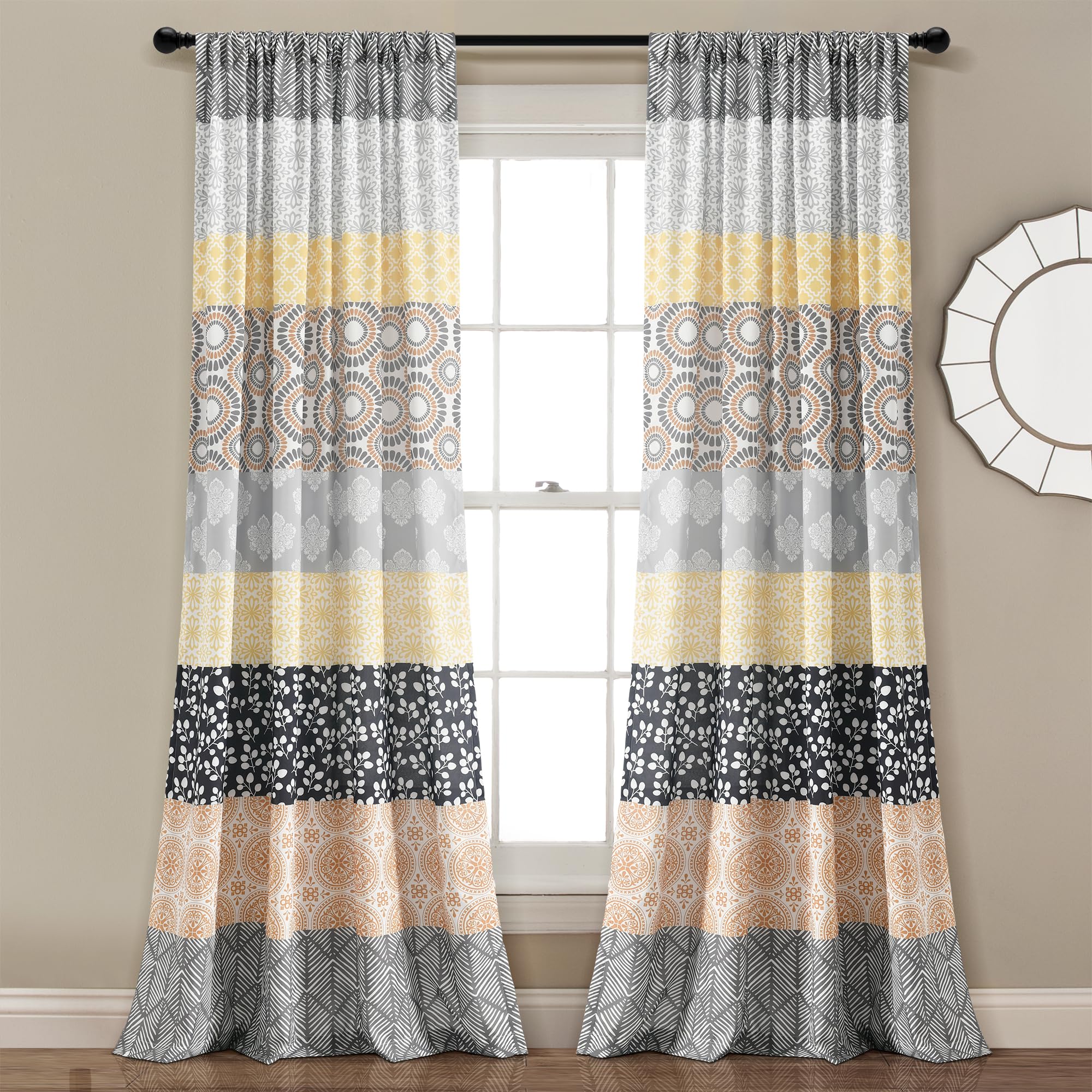 Lush Decor Bohemian Stripe Window Curtain Panels, Pair 52" W x 84" L Yellow & Gray - Light Filtering Curtains for Bedroom - Boho Curtains - Maximalist Decor Image