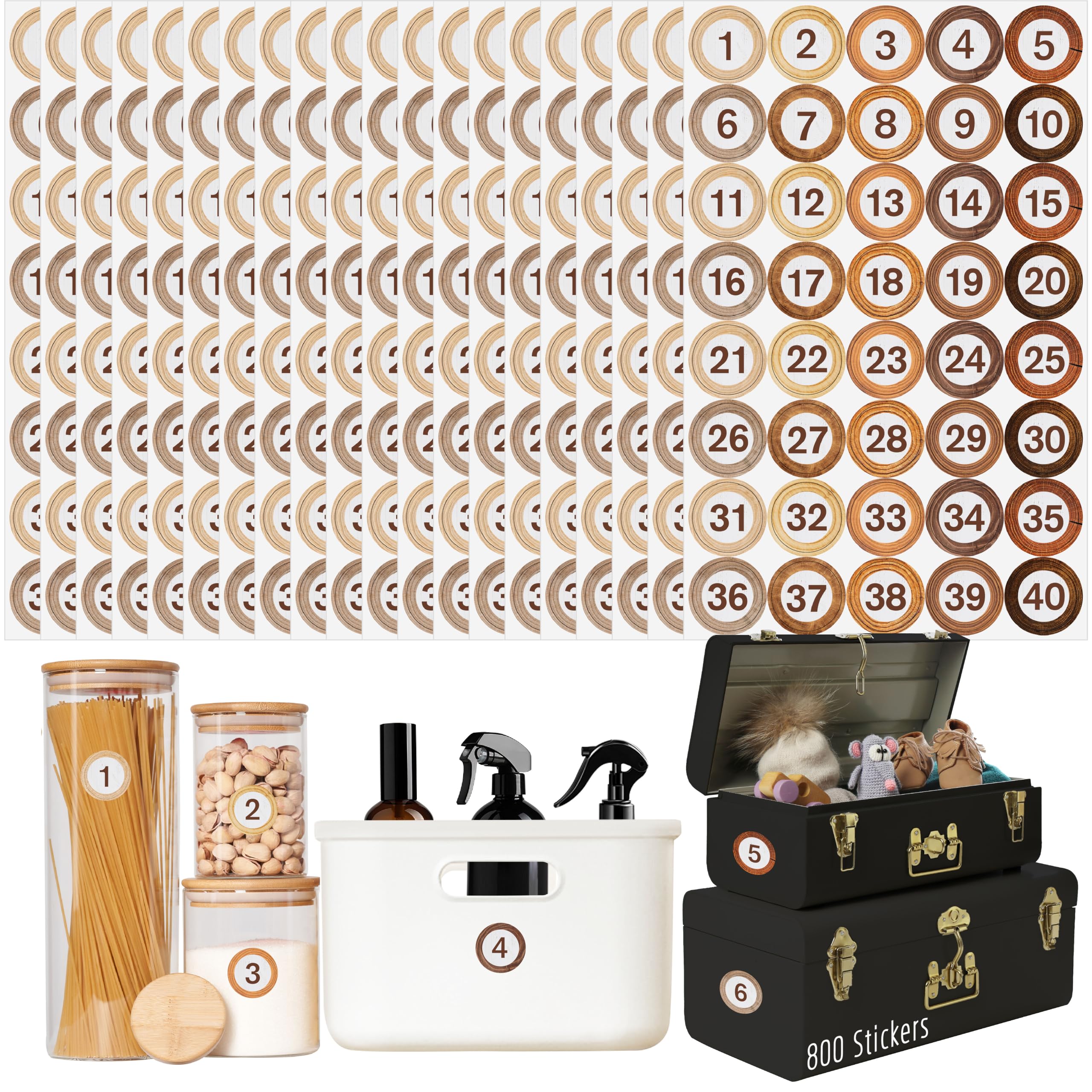800 PCS 1-40 Number Stickers, Water/Oil/Tear Resistant Rustic Wooden Style Number Labels, Remove Without Residue for Indoor, Outdoor, Office, Classroom, Storage, Organizing, Boxes (1”, 20 Sheets)