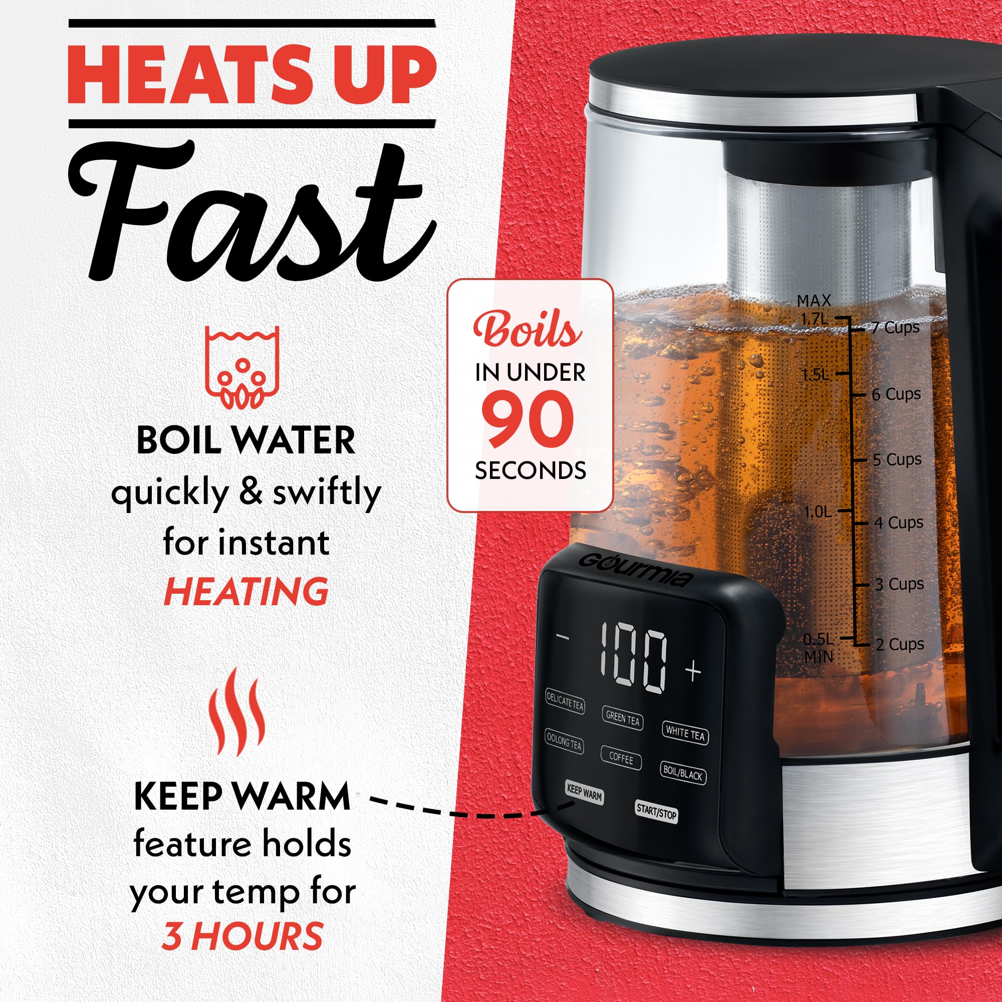 Gourmia Hervidor eléctrico de vidrio programable - Hervidor de té y café con control de temperatura de 1,7 L con pantalla táctil digital, 6 presintonías, mantiene caliente, infusor de acero inoxidable extraíble, base giratoria de 360° - Rojo
