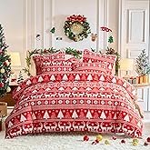 Christmas Duvet Cover Set Queen Size, Red White Snowflake and Deers Trees Xmas Holiday Pattern Design, Soft Microfiber Duvet Cover with Zipper Closure, Includes 1 Duvet Cover and 2 Pillow Shams
