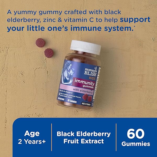 MOMMY’S BLISS KIDS ELDERBERRY GUMMIES, SUPPORTS IMMUNITY WITH BLACK ELDERBERRY, ZINC & VITAMIN C, GLUTEN FREE & VEGAN, AGE 2 YEARS+ (60 COUNT)