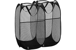Buenod 2 Packs Mesh Pop up Laundry Hamper (Black) with Portable Handles, Collapsible for Storage, Foldable Pop-Up Laundry Bags for Kids Room, College Dorm or Travel