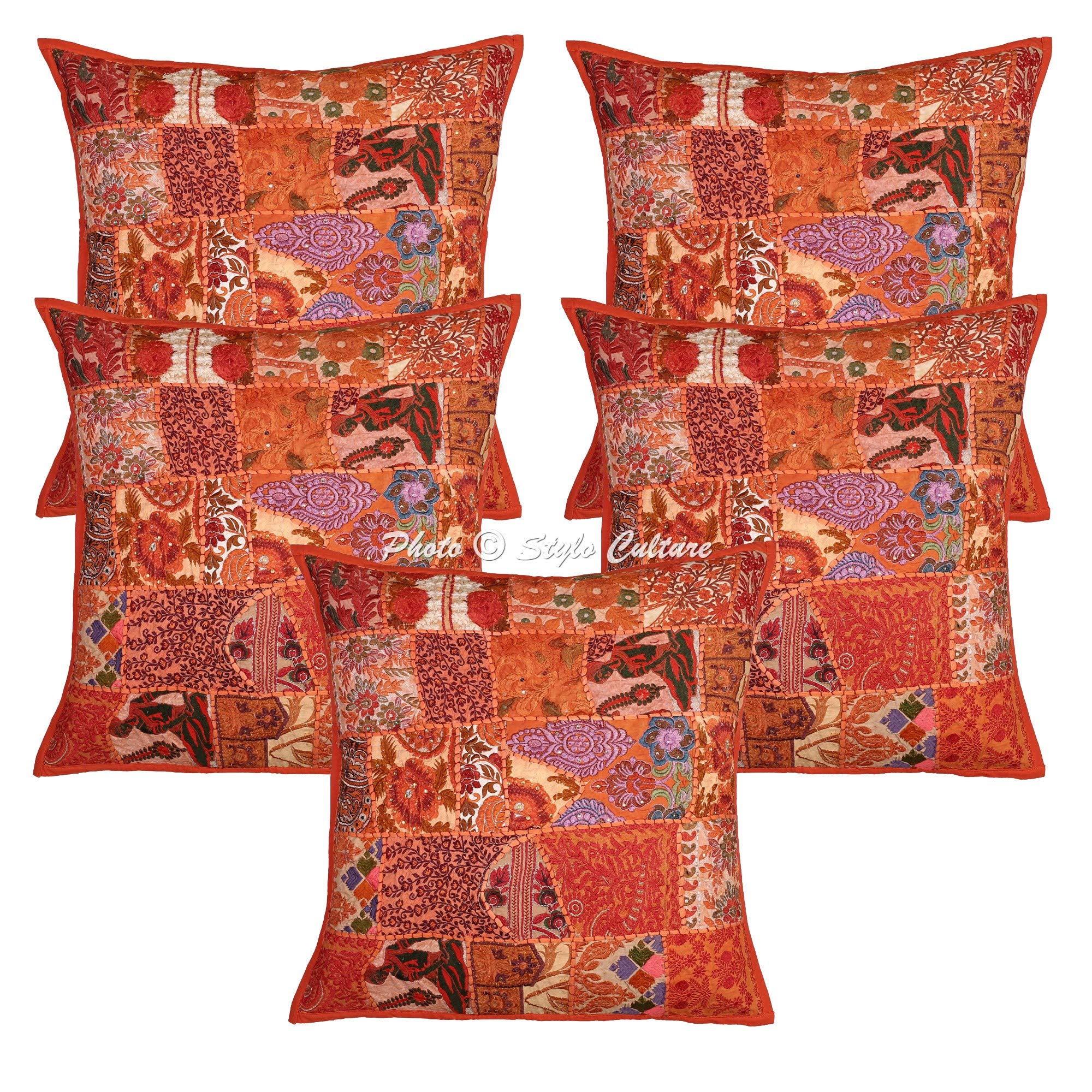 Stylo Culture Bohemian Cotton Decorative Large Cushion Covers Orange 60 x 60 cm Floral Patchwork Settee Living Room Toss Pillow Cushions 60cm x 60cm Home Decor (Set Of 5) Square Cushion Covers
